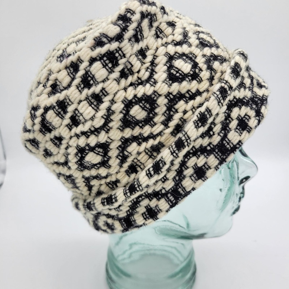 Handmade Wool Beanie Black Cream Geometric Woven Knit Winter Hat Artisan Folk